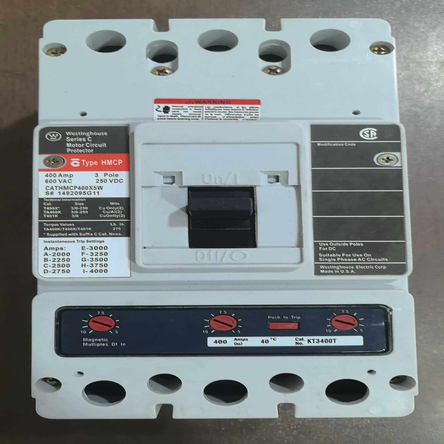 西屋卡特拉汉莫塑壳断路器型号hmcp 400a 3