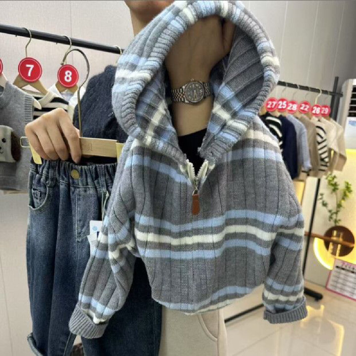 连帽衫早秋男童拼色韩版长袖常规纯色条纹女童毛衣针织衫