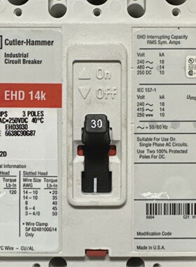 CUTLER HAMMER EHD3030 3P 30A 480VAC 250VDC CIRCUIT BREAKER *