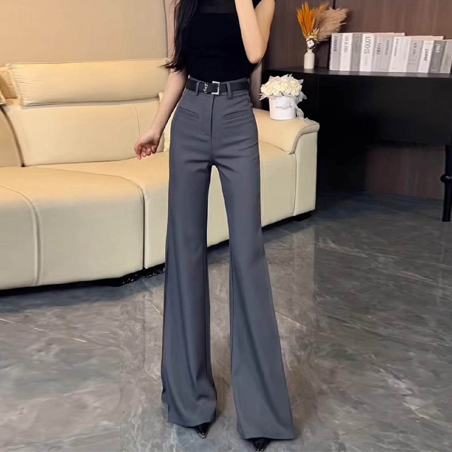 灰色气质高腰微喇西装裤女2025秋冬百搭新款高级感显瘦垂感马蹄裤