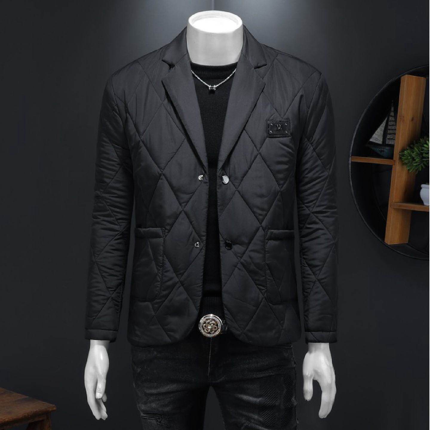 2026秋冬季加绒西装领保暖棉衣男修身格子加棉夹克外套简约时尚上