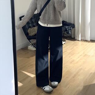 大尺码黑色西装裤女秋冬加绒胖妹妹mm高腰设计感宽松遮胯直筒休闲