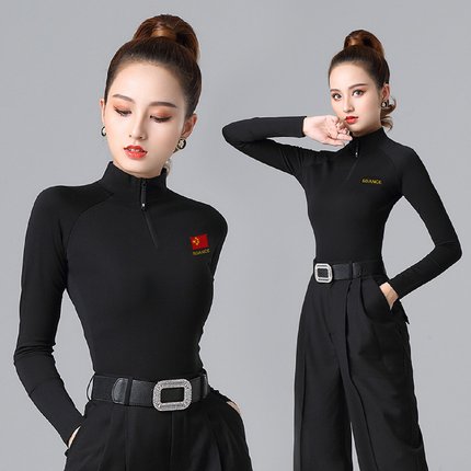 拉丁舞上衣女成年秋冬新款长袖拉链小高领摩登舞蹈练功服装