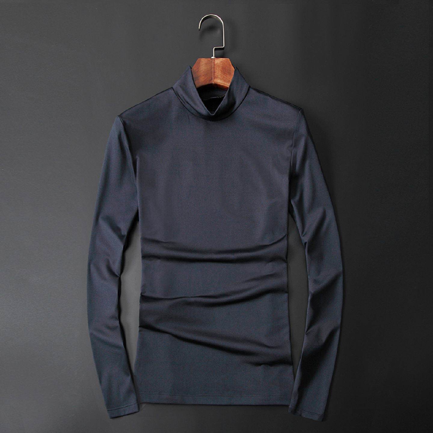 丝光棉长袖恤秋冬薄绒半高领打底衫男纯色修身大尺码中领恤小衫潮