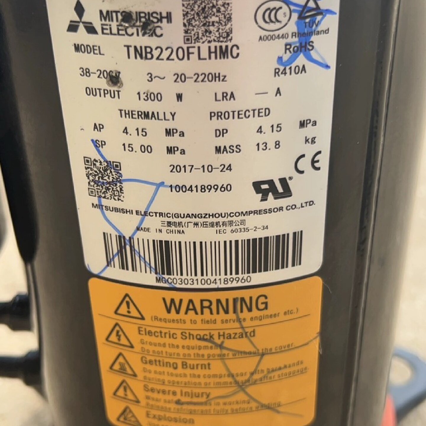 三菱三匹变频空调压缩机TNB220FLHMCTNB220F