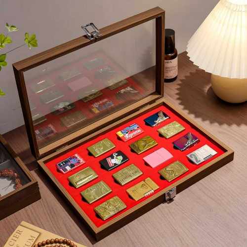 胡桃木纹高端防尘大容量防风火机展示架收藏箱展览打火机收纳盒