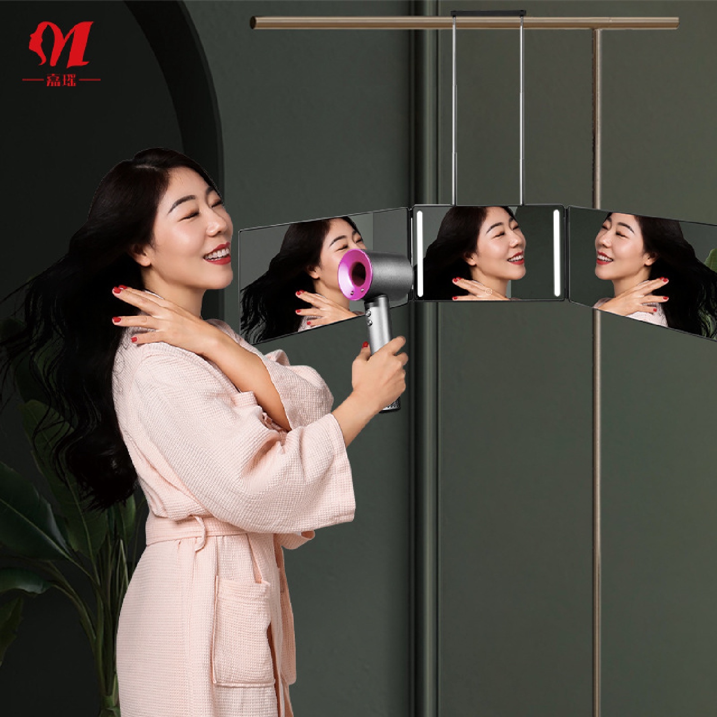 自助理发镜可伸缩悬三面折叠化妆镜LED带灯简约欧式三折镜