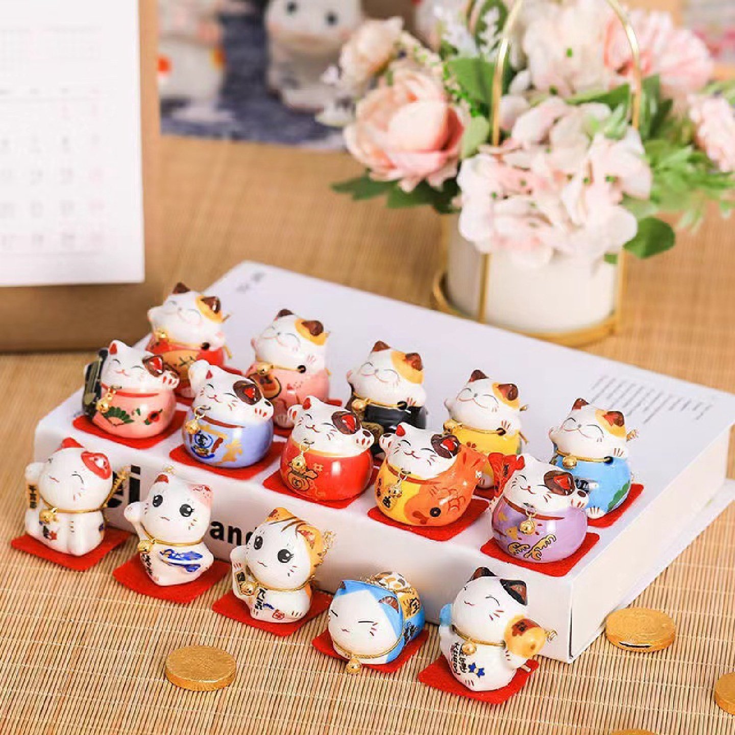 迷你发财猫创意小摆件陶瓷猫装饰车载办公桌面软萌小物件女生华庚