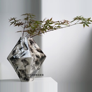 手工陶瓷花瓶水墨风家居样板间花器摆件书房餐桌装 简约新中式 饰品