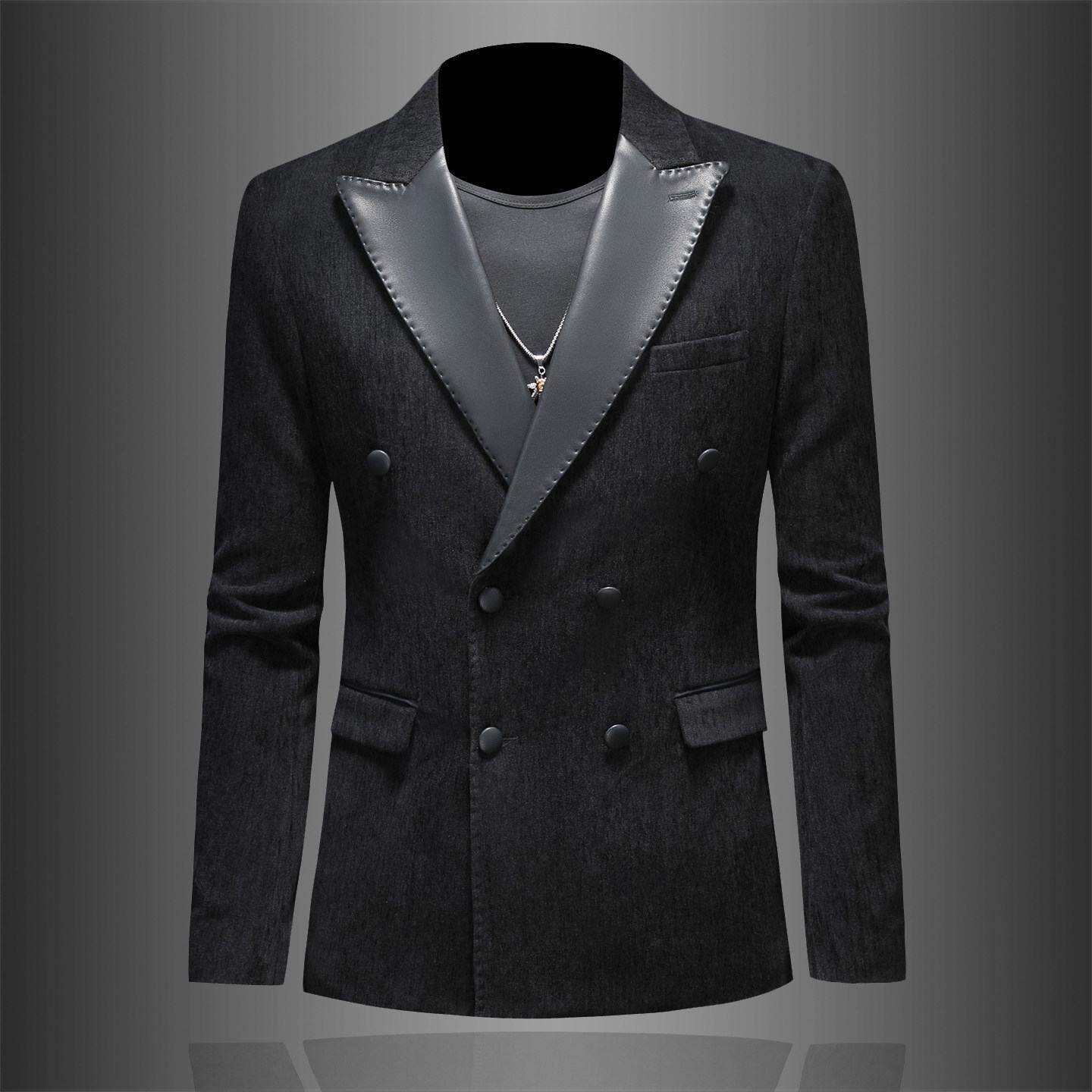 欧洲站拼皮休闲西装外套男士春季新款韩版修身绒布双排扣西服潮男