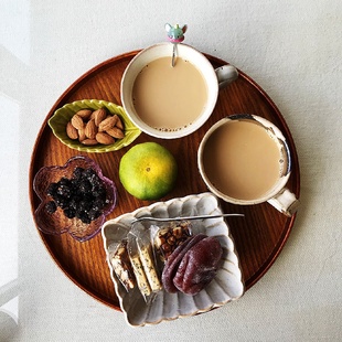 酒店水杯盘家用日式 茶色木质圆盘茶盘托盘餐盘欧式 水果盘子点心盘