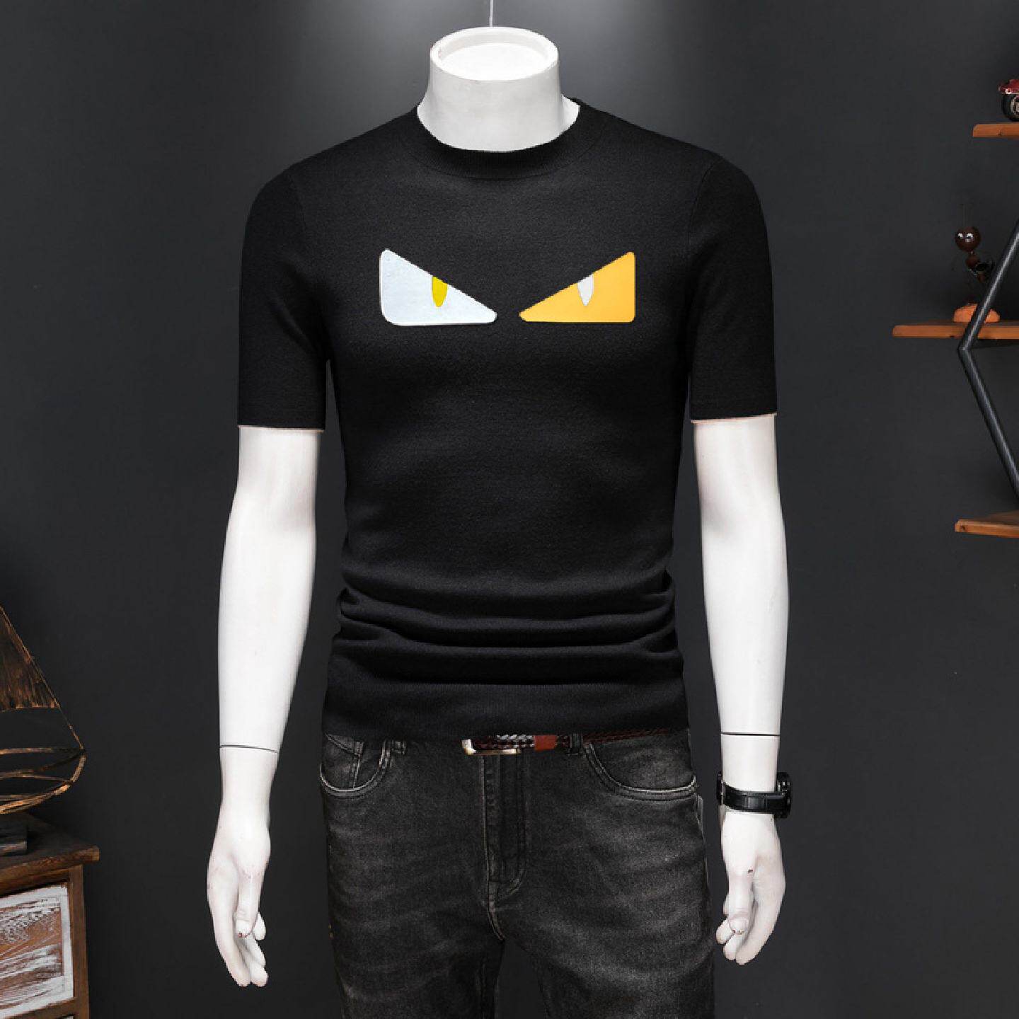 春装欧洲站男士短袖羊毛衫个性针织衫小怪兽潮套头圆领打底衫毛衣