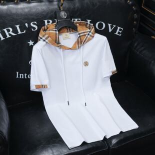 欧洲站高端连帽拼接刺绣短袖恤男款打底衫修身潮流半袖体恤衫男潮