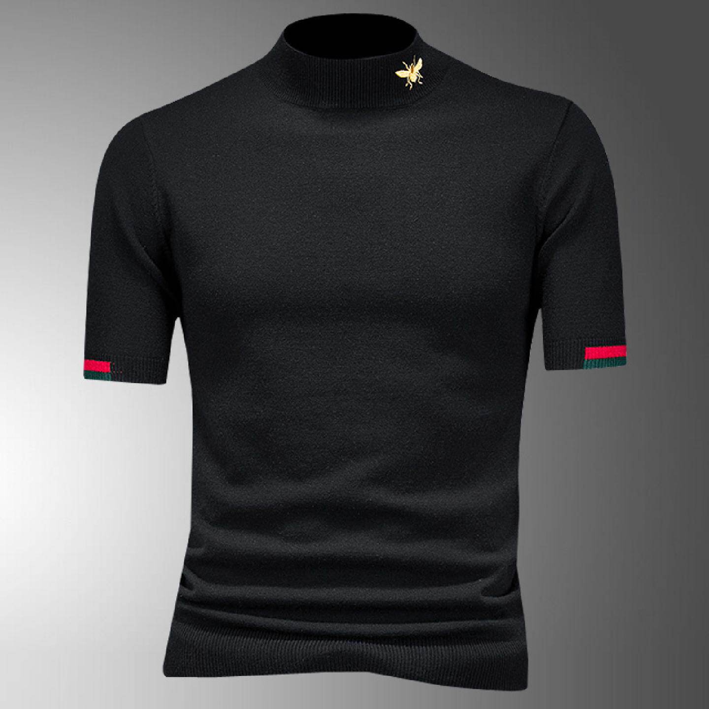 欧洲站潮牌小蜜蜂短袖羊毛衫男装半高领打底衫秋冬半袖毛衣针织衫