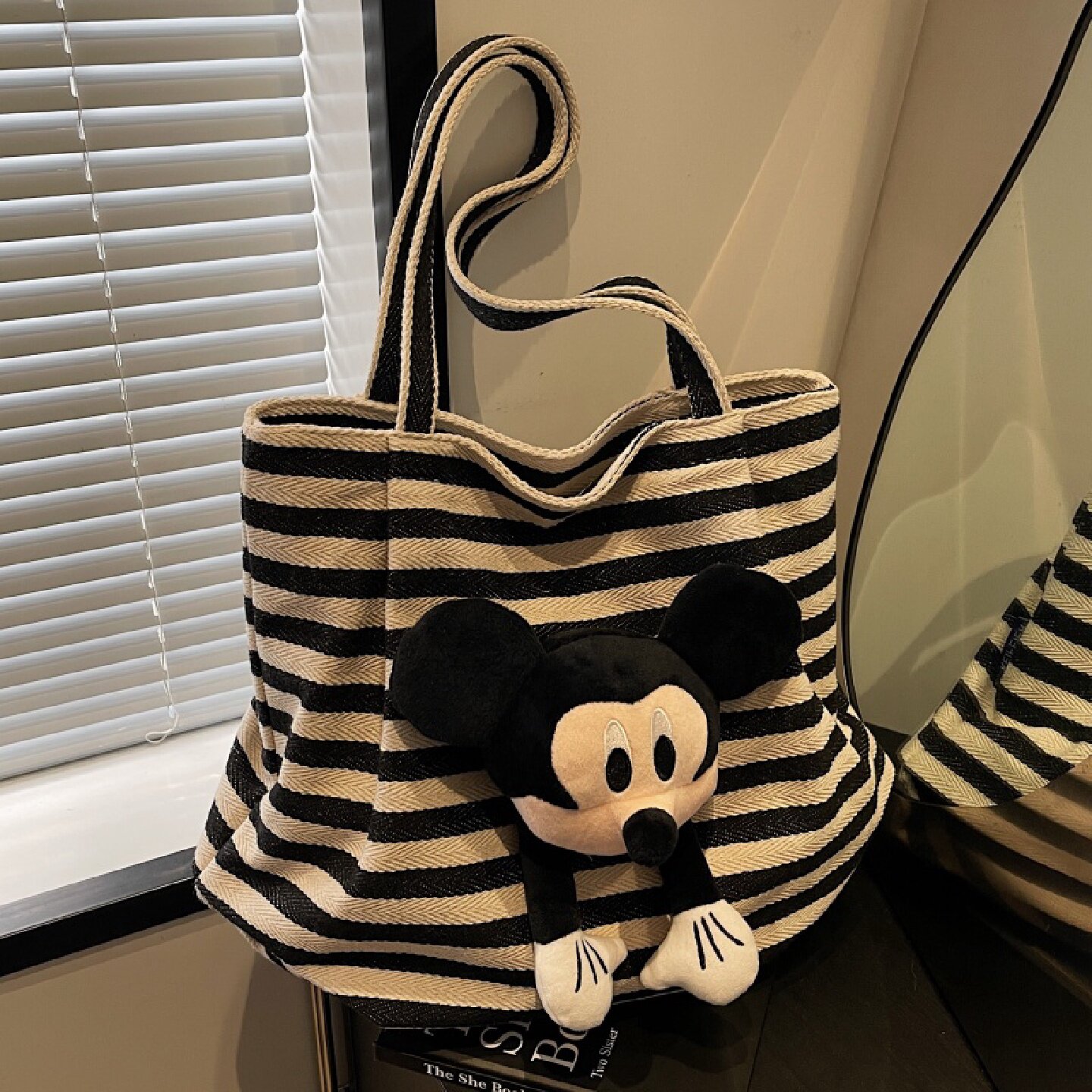 条纹帆布包包女2025春季新款大容量单肩腋下包卡通米奇通勤托特包