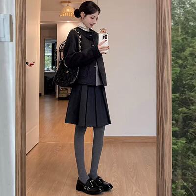 黑色毛呢半身裙女秋冬季超好看的miu系百褶中裙a字显瘦气质jk短裙