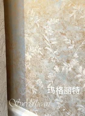 玛格丽特泛微光法式桔梗叶都泽壁布美式黄色无缝墙布漫背景墙