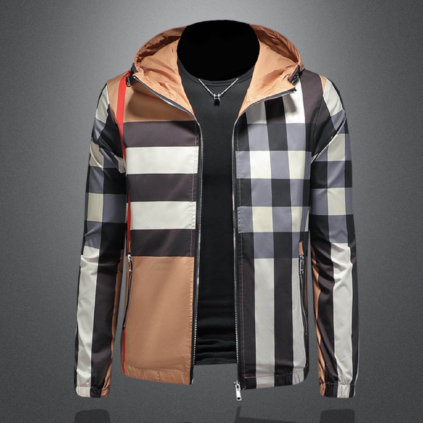 欧货夹克男士连帽休闲时尚轻奢外套格子印花潮牌秋冬新款高端上衣