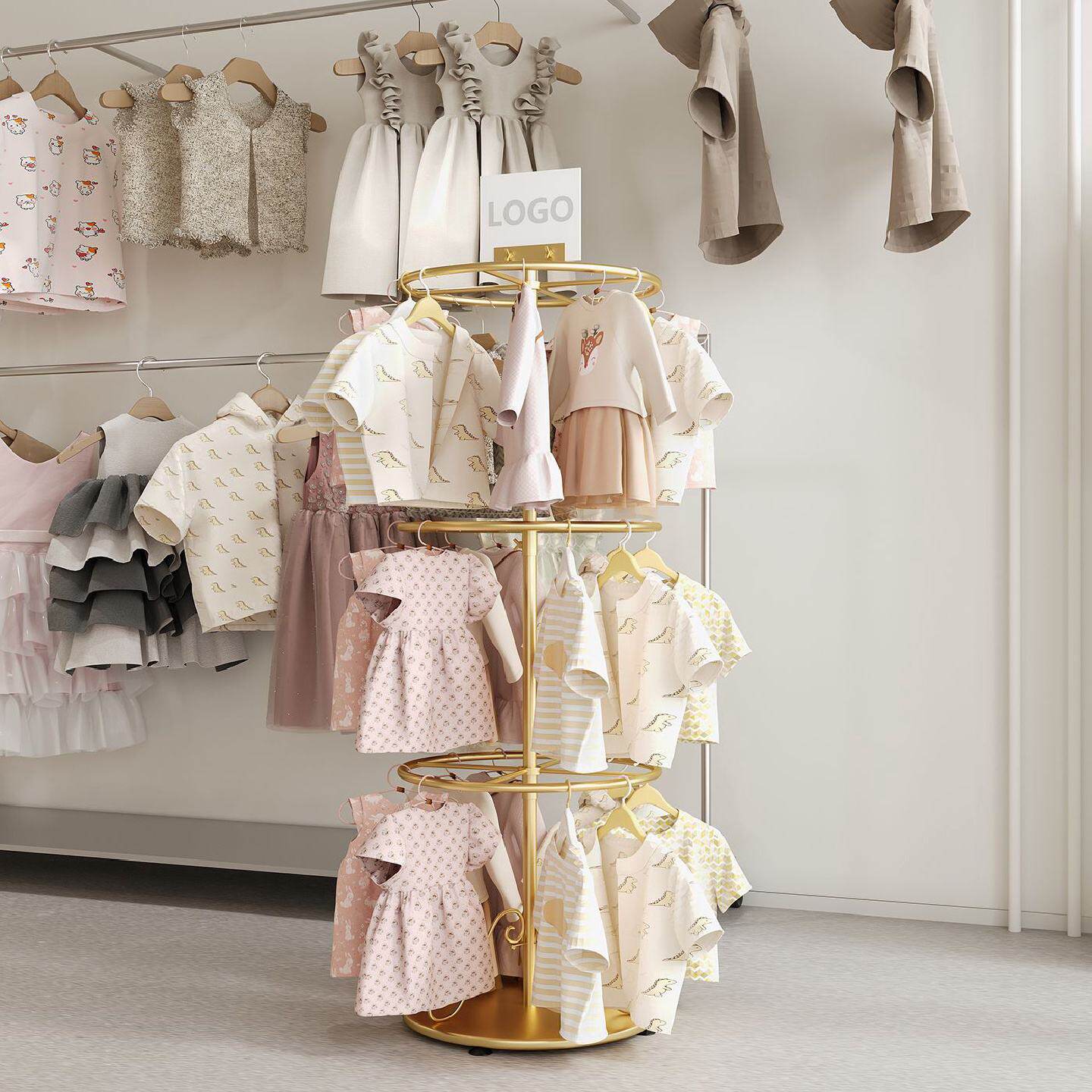 服装店展示架铁艺落地旋转童装架中岛架三层圆形儿童挂衣架可拆卸