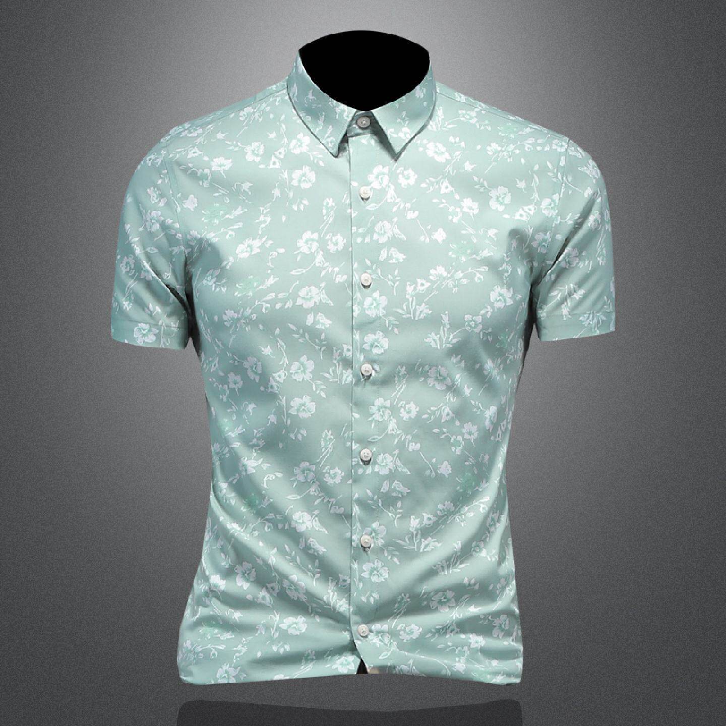 欧洲站印花短袖衬衫男商务休闲痞帅高端修身上衣免烫碎花绿色衬衣