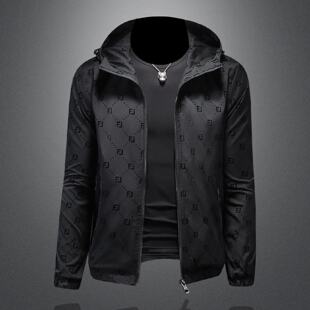 欧货连帽夹克男士休闲绣花高级感黑色轻奢帅气外套潮流新款上衣冬