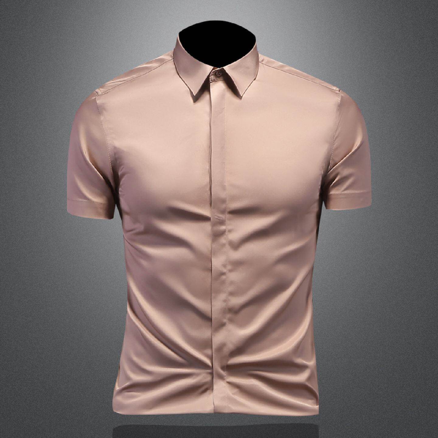 夏季薄款短袖衬衫男士易打理纯色修身暗扣衬衣高级感休闲冰丝半袖