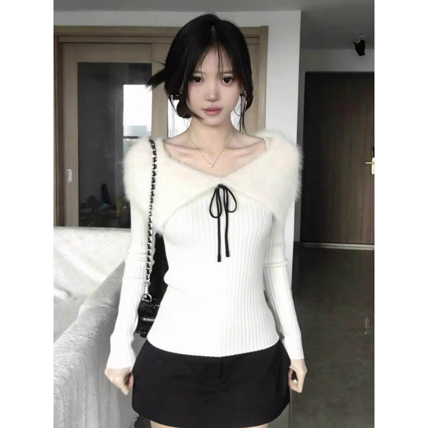 韩系一字露肩毛毛领系带长袖毛针织衫女早春新款修身打底内搭上衣