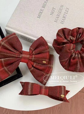 学院风红色格纹立体蝴蝶结发夹高级感发圈时尚新年弹簧夹边夹发饰