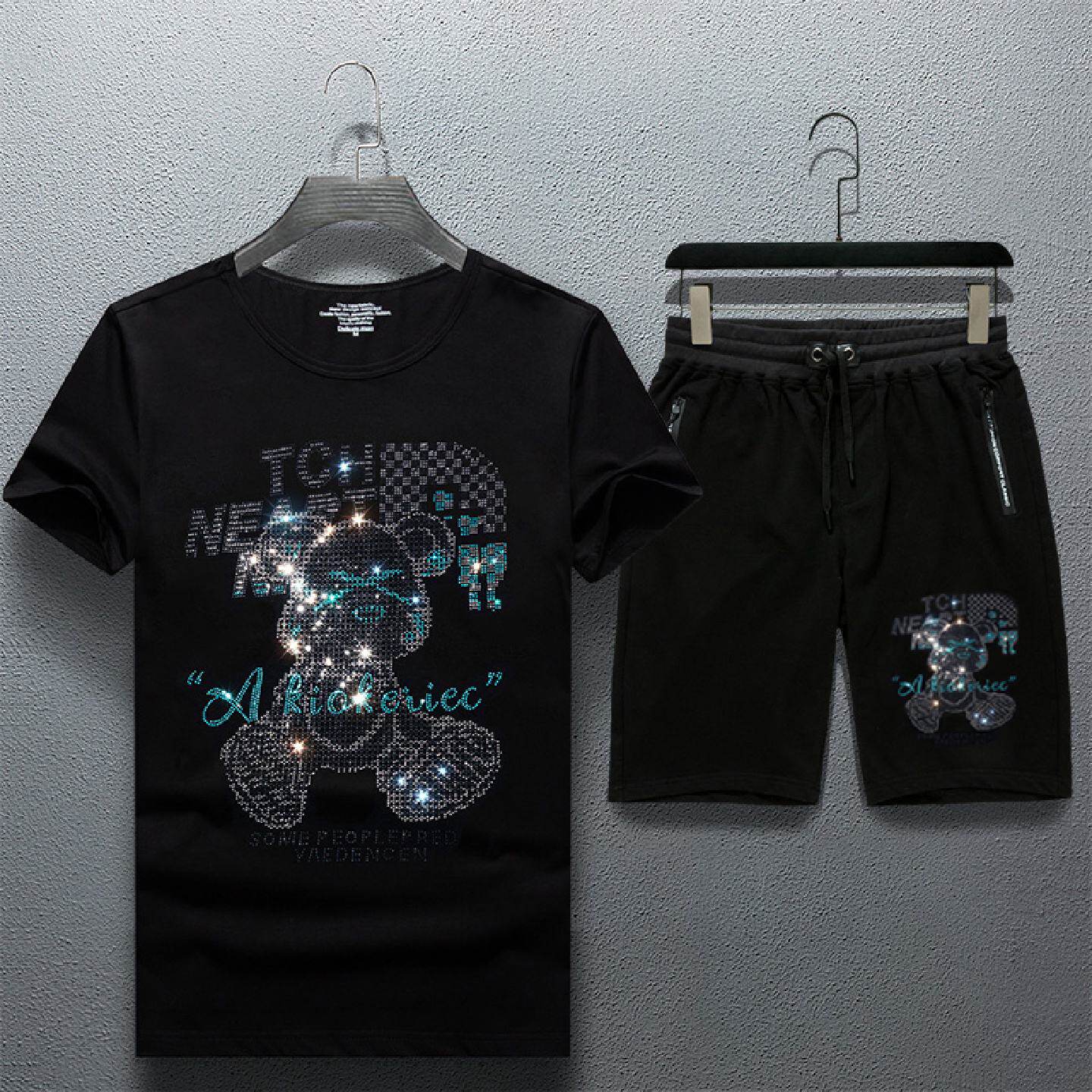 2026新款夏季烫钻短袖恤套装男个性小熊大码两件套社会小伙短裤高