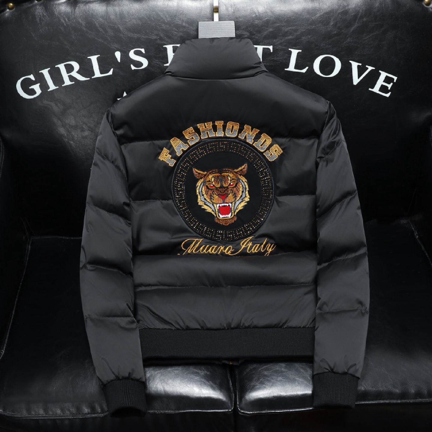 欧洲站冬季男士老虎刺绣羽绒服外套时尚帅气男装白鸭绒加厚夹克潮