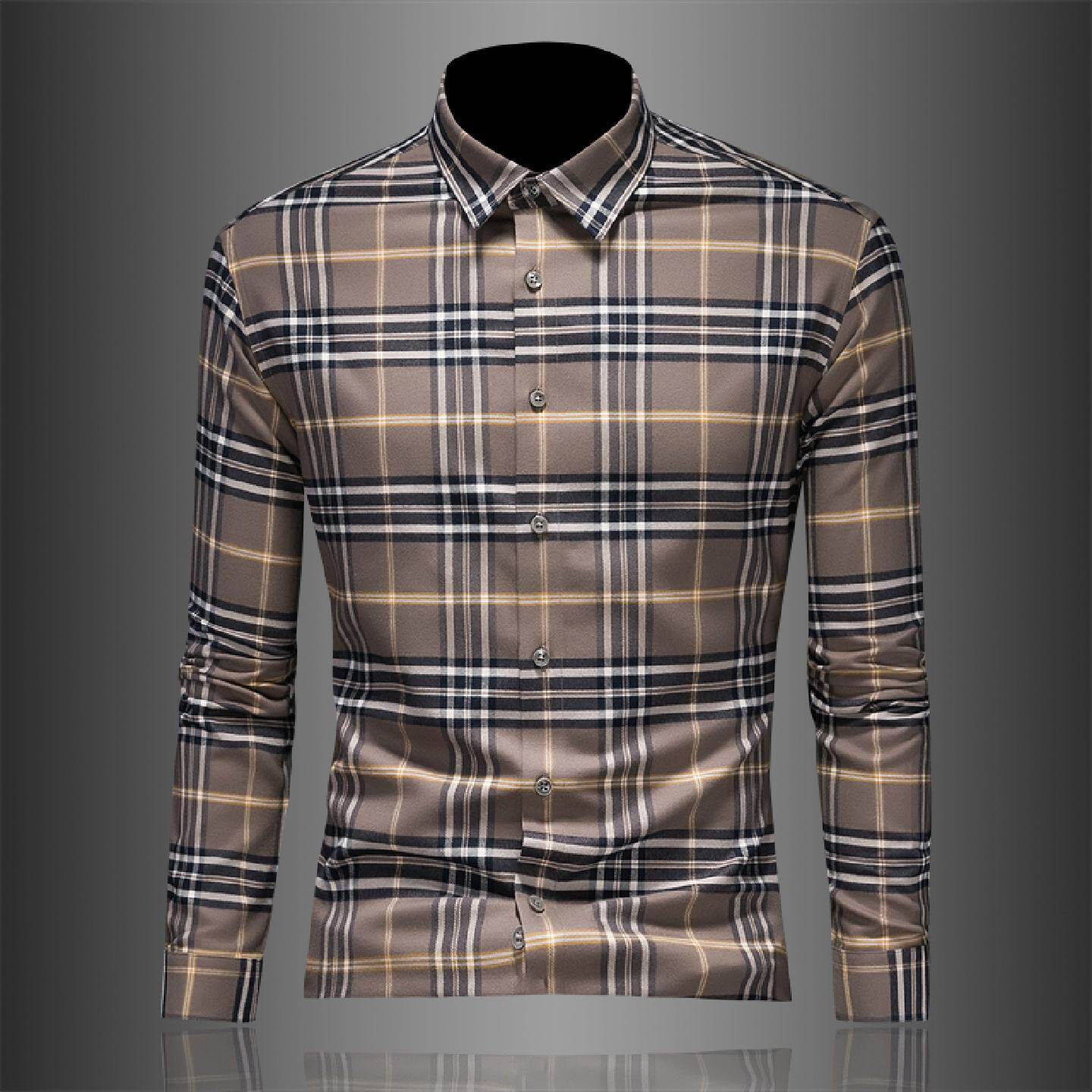 欧洲站格子衬衫男士长袖春季新款修身免烫透气条纹丝光免烫衬衣潮