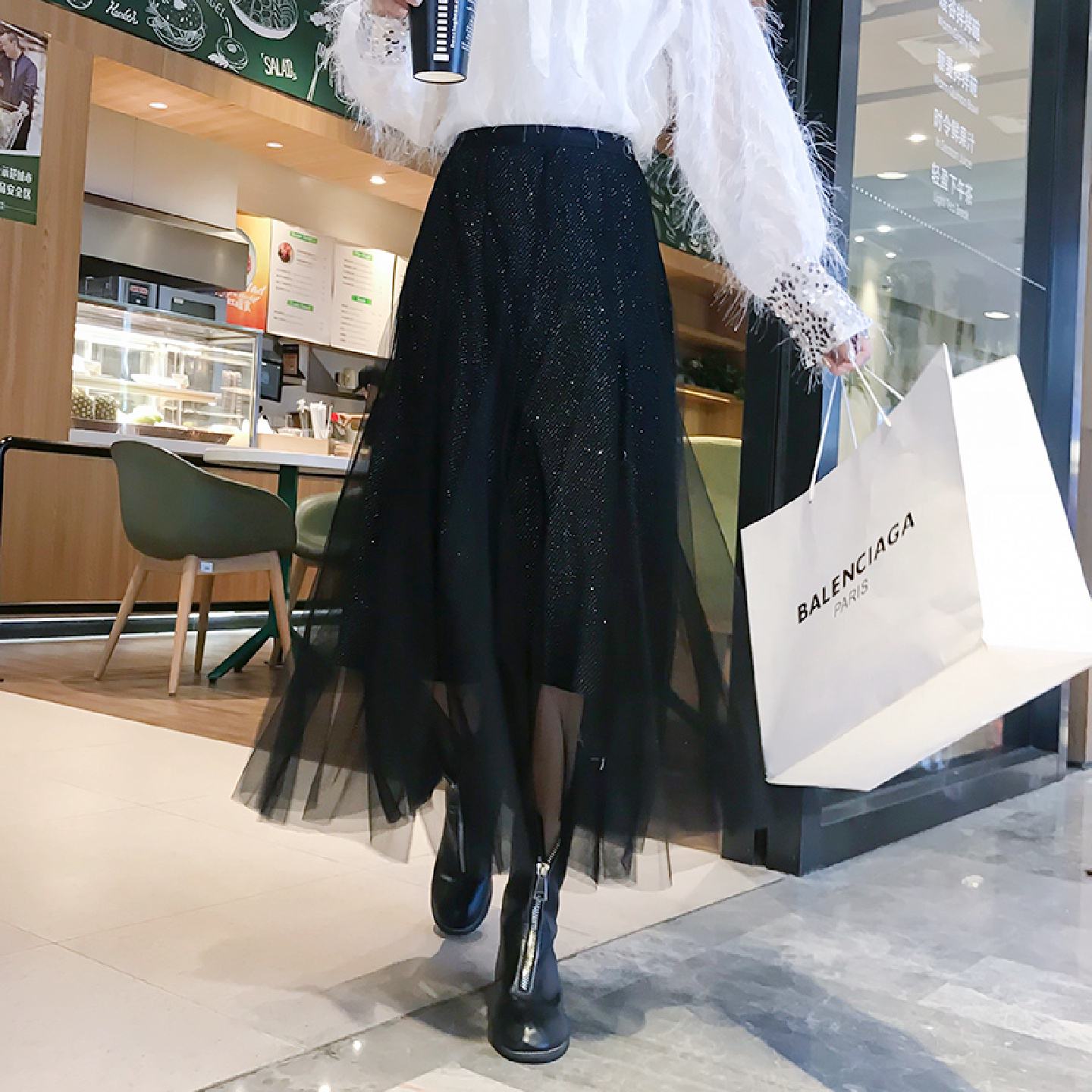 春秋2021新款松紧高腰中长款显瘦垂感网纱半身裙黑色女纱裙亮晶晶