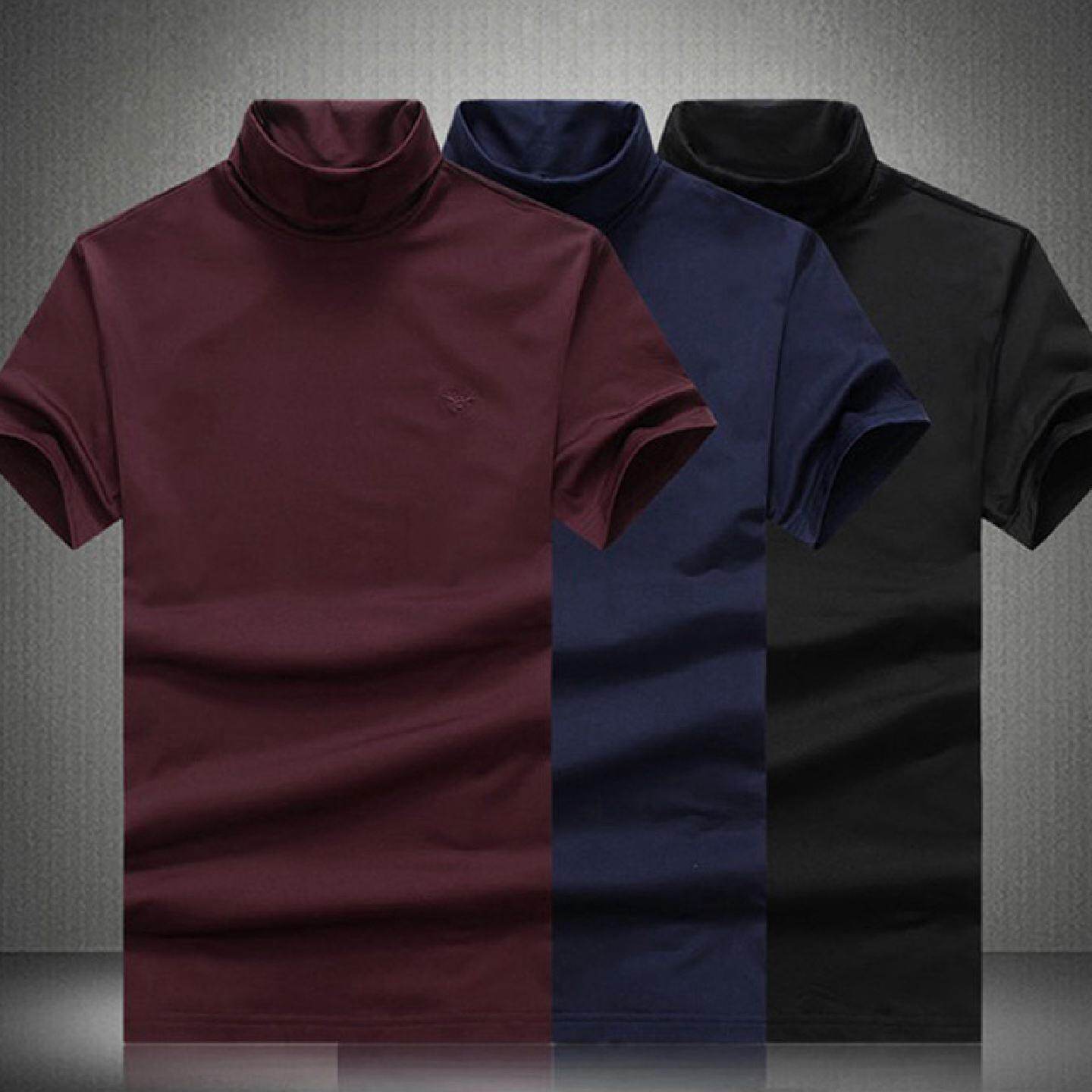 丝光棉薄绒短袖恤男装修身大尺码可翻高领半袖打底衫秋冬内搭小衫