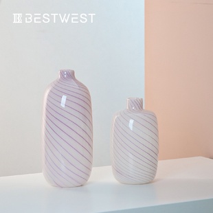 装 Bestwest粉色小口条纹葫芦水培玻璃花瓶摆件家居软装 饰品花器