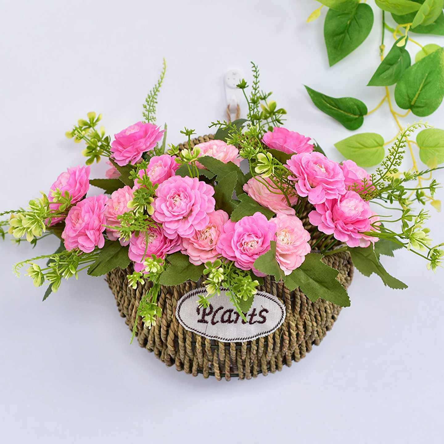 草编藤编壁挂式花篮花盆装饰墙面创意挂篮挂墙仿真花假花套装,家居饰品,花篮,淘宝优惠券,粉丝福利购,淘宝优惠卷