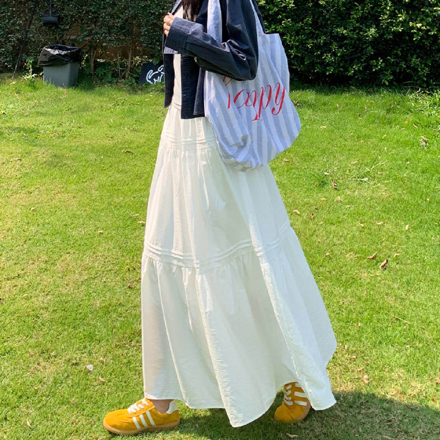 白色甜美风半身裙女2025春秋夏新款高腰a字伞裙中长款蓬蓬蛋糕裙