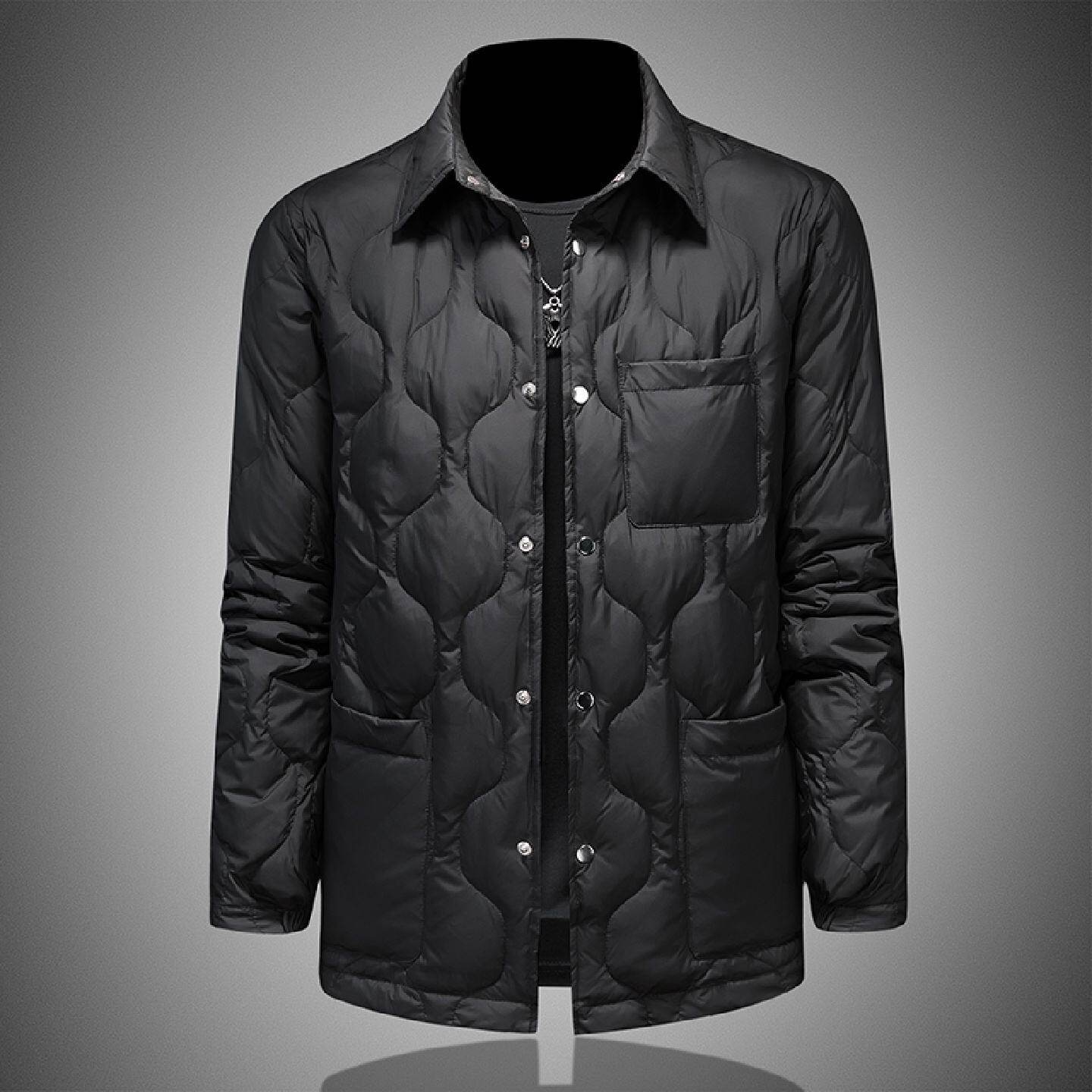 高品质白鹅绒轻薄保暖羽绒服男冬季新款菱形格衬衫领休闲大码外套