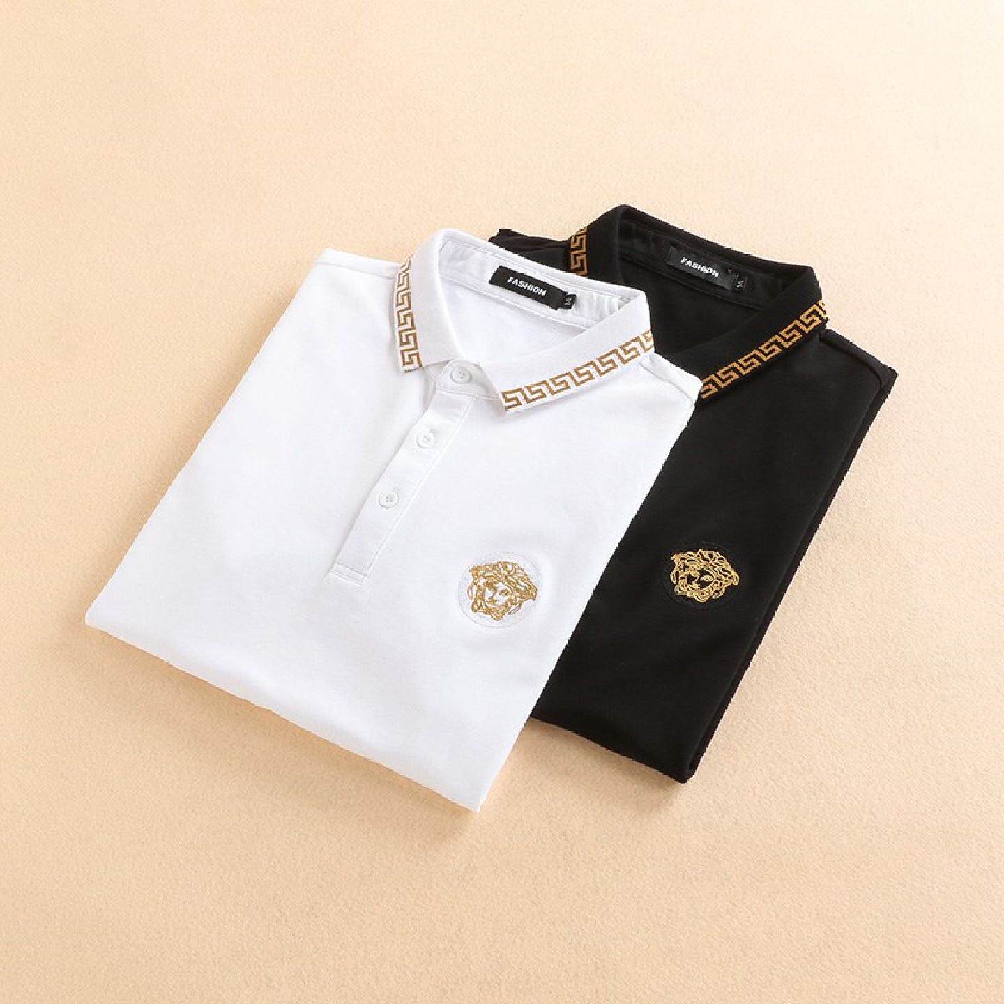 欧洲站潮牌刺绣衫男商务休闲半袖纯棉修身翻领大码短袖恤衫潮男装