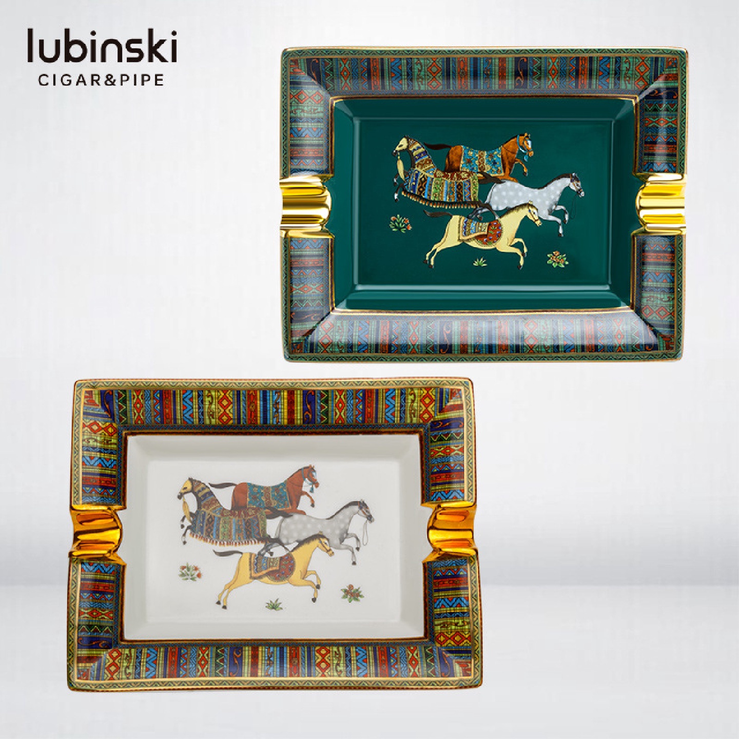 鲁宾斯基LUBINSKI雪茄烟灰缸陶瓷欧式双槽彩绘家用金属雪茄烟缸