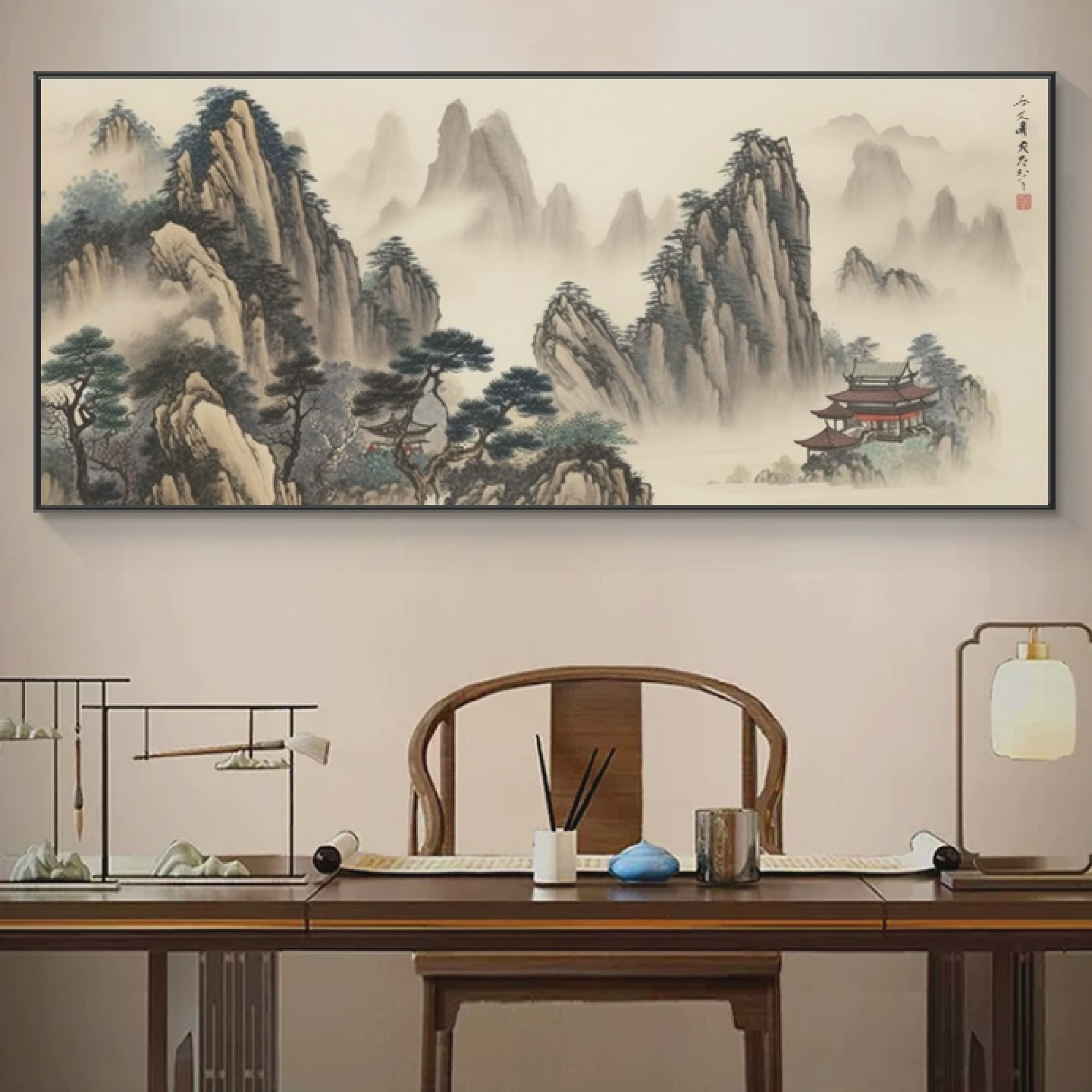 家有靠山图背景画客厅办公室沙发墙装饰挂画有山无水大气风景壁画