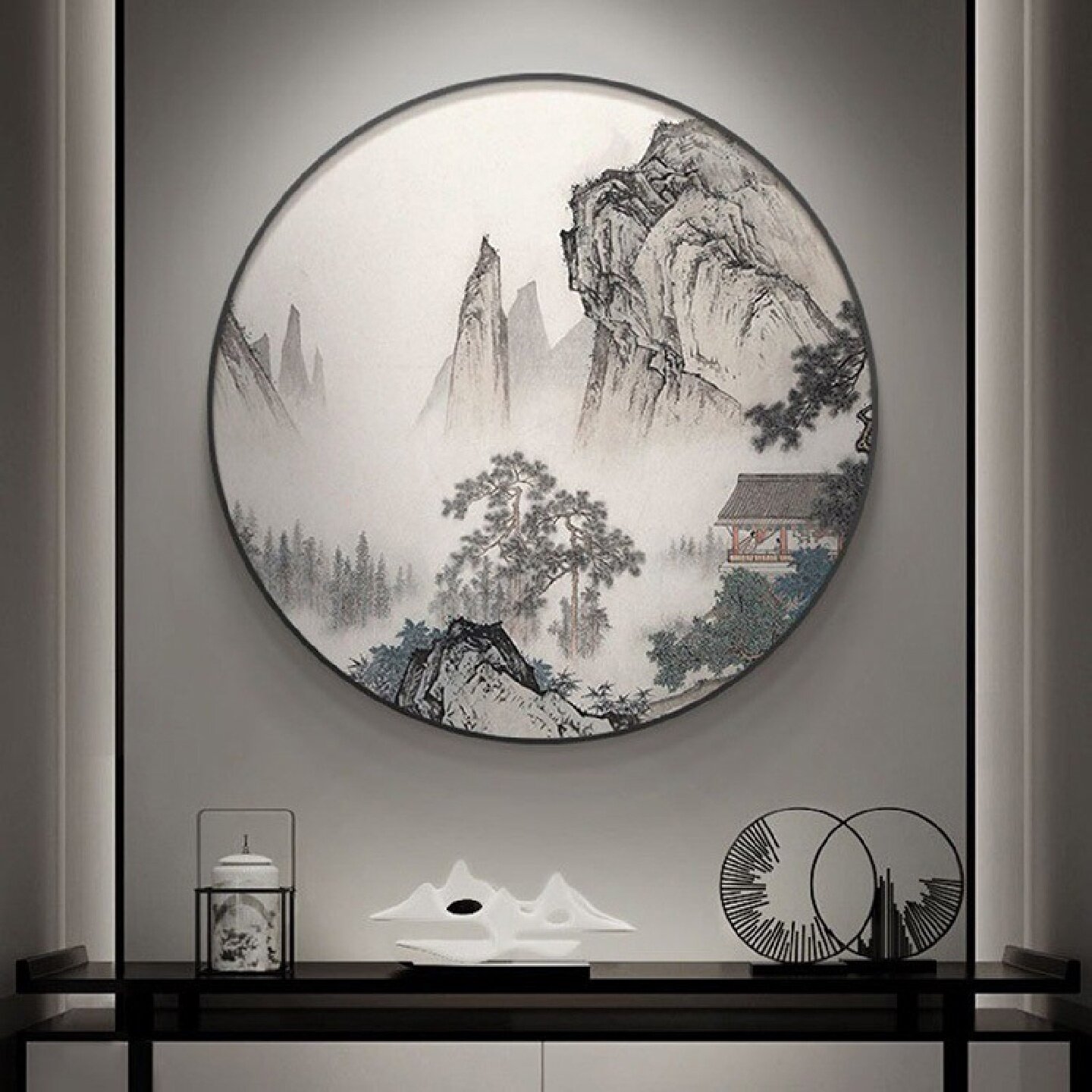 圆形装饰画新中式入户玄关山水画客厅走廊过道书房水墨画茶室挂画