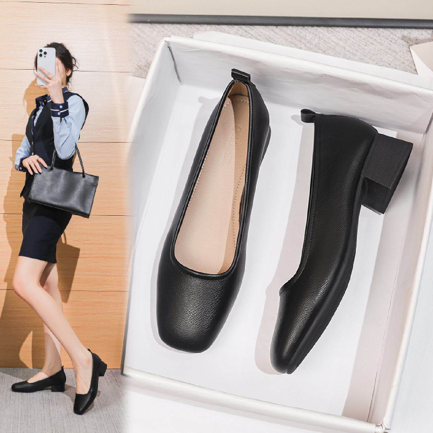 工作鞋女黑色真皮方头中跟职业上班面试工装上班舒适软底单鞋