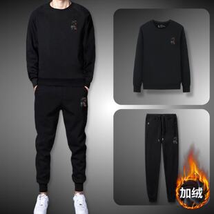 冬季套装男潮流帅气加绒休闲运动服修身卫衣卫裤男装一套搭配潮男