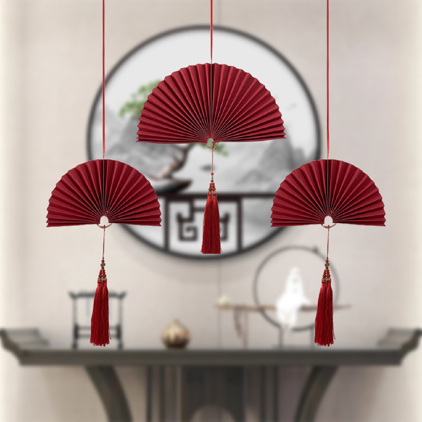 新年秋天主题红纸扇商场橱窗装饰国庆节布置珠宝店铺吊饰中式道具