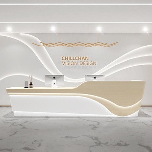 定制公司前台接待台创意店铺办公桌弧形吧台大堂售楼部烤漆收银台