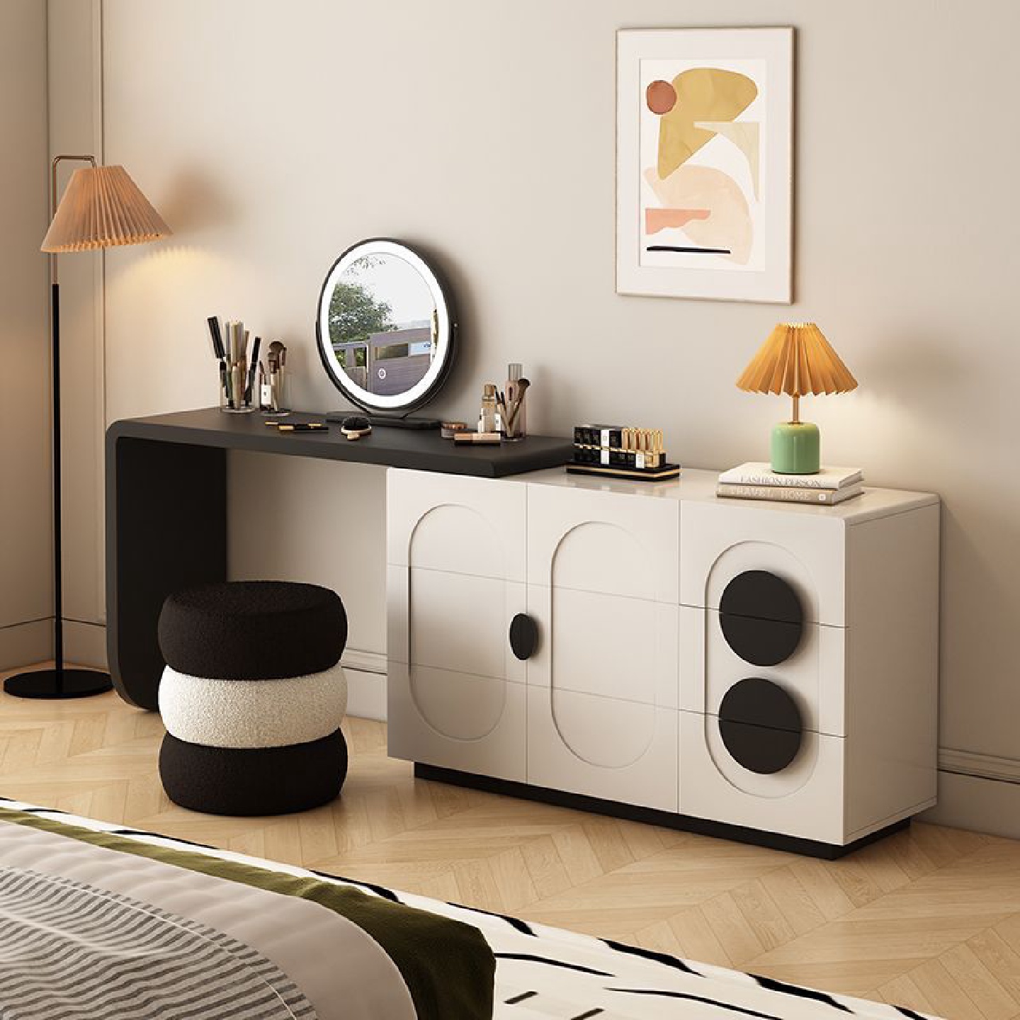 法式复古实木梳妆台斗柜一体现代简约主卧高级感黑白调书桌化妆柜