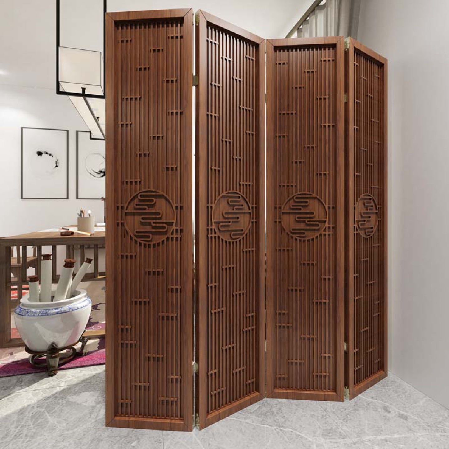 新中式屏风隔断木质进门遮挡入户正对门沙发边上玄关客厅卧室折屏