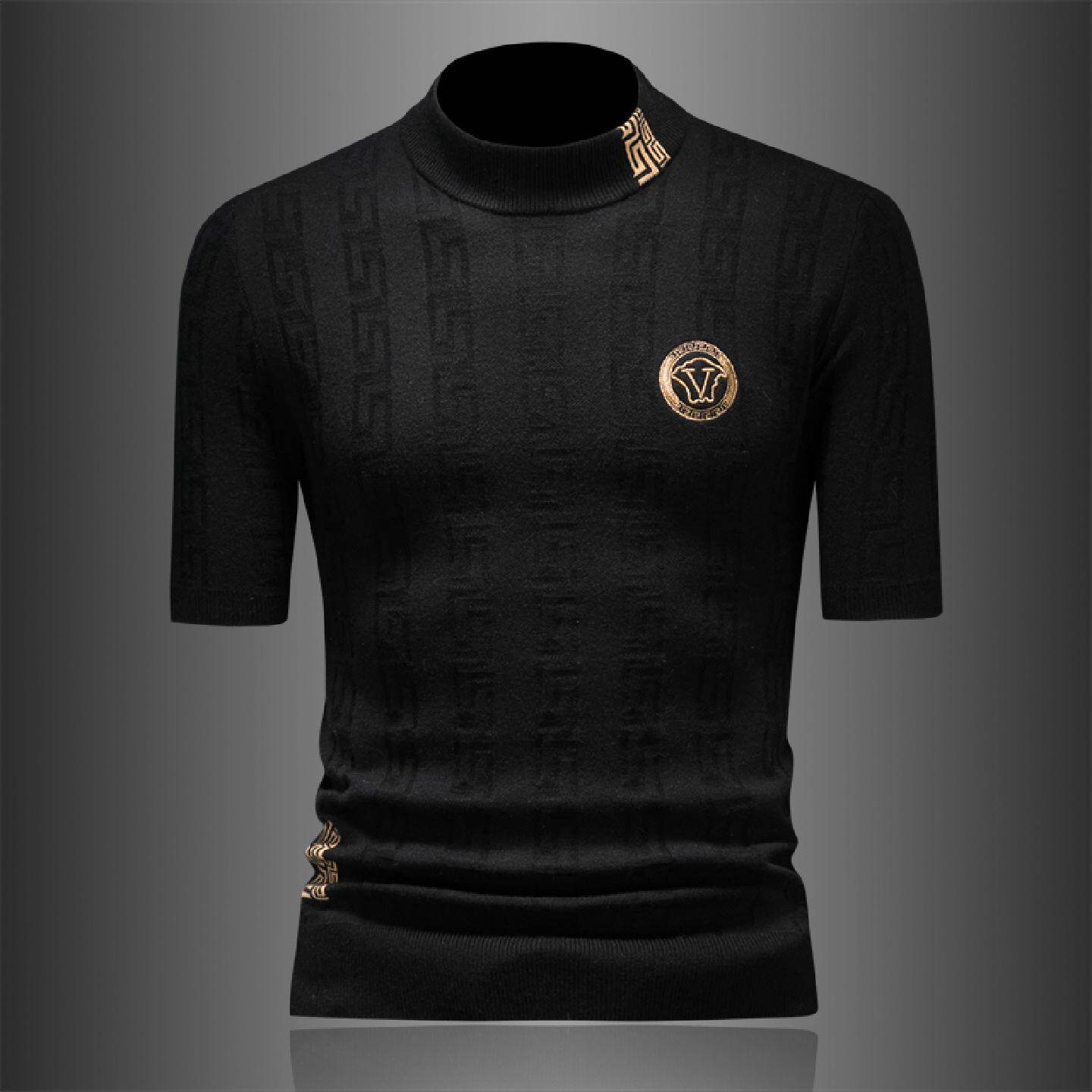 欧洲站短袖半高领羊毛衫男士秋冬季新款提花修身打底半袖毛衣针织