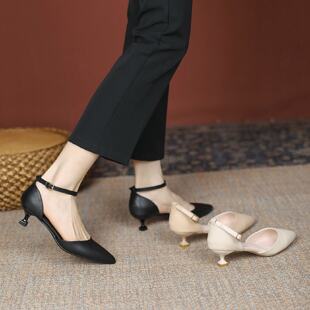 一字带高跟鞋5cm细跟低跟法式气质3公分小跟单鞋女夏款黑色工作鞋
