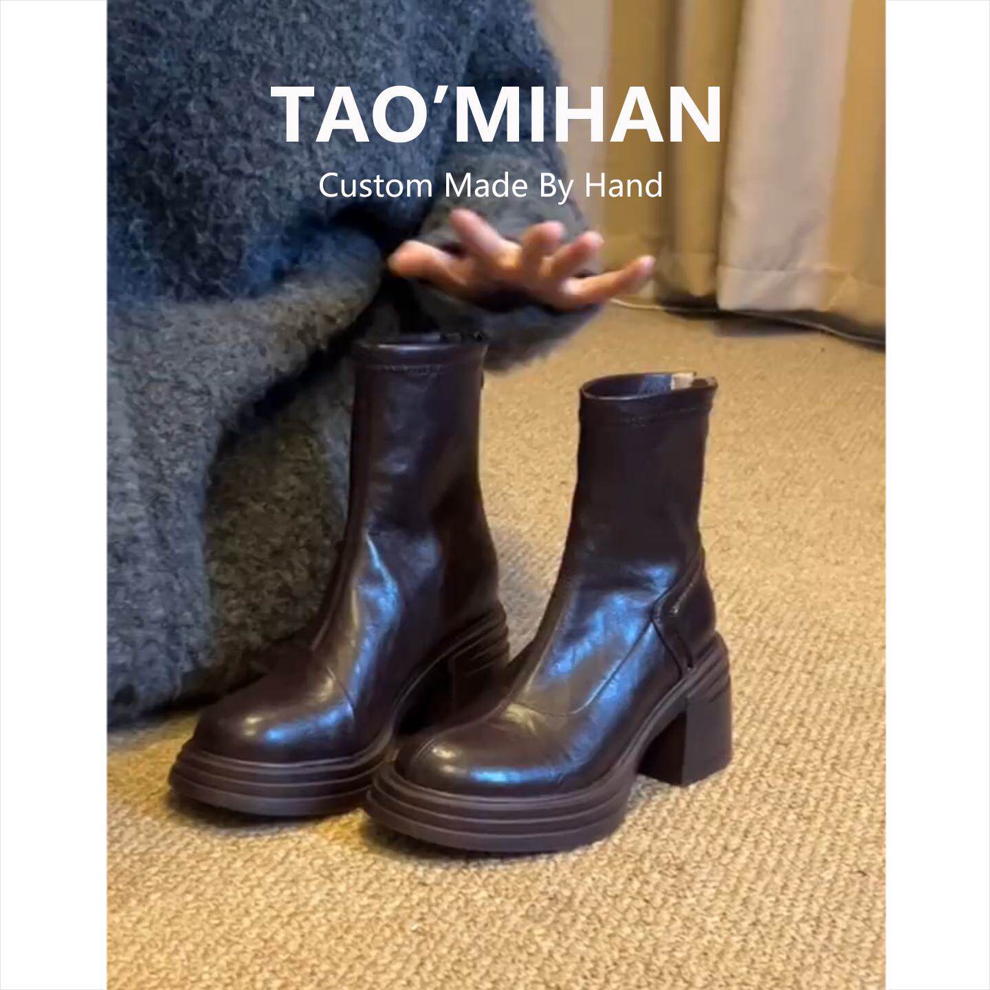 真皮厚底高跟鞋马丁靴女2025秋冬季新款粗跟加绒瘦瘦靴增高短靴子